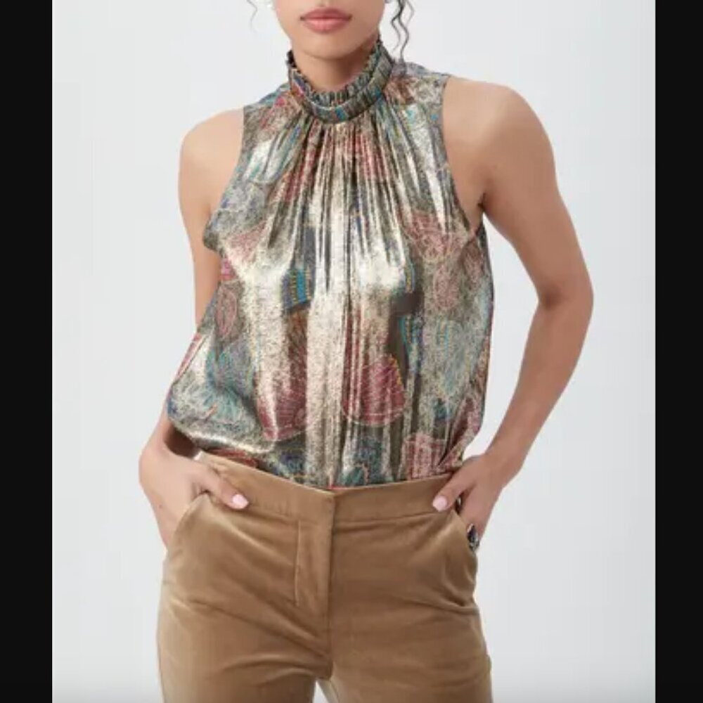 Trina Turk Rissa Metallic Silk Butterfly Patterned Smocked Mock Neck Top S